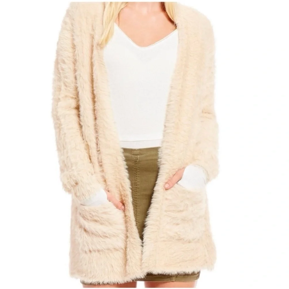Free People Sand Beige Eyelash Faux Fur Open Front Cardigan Size Small